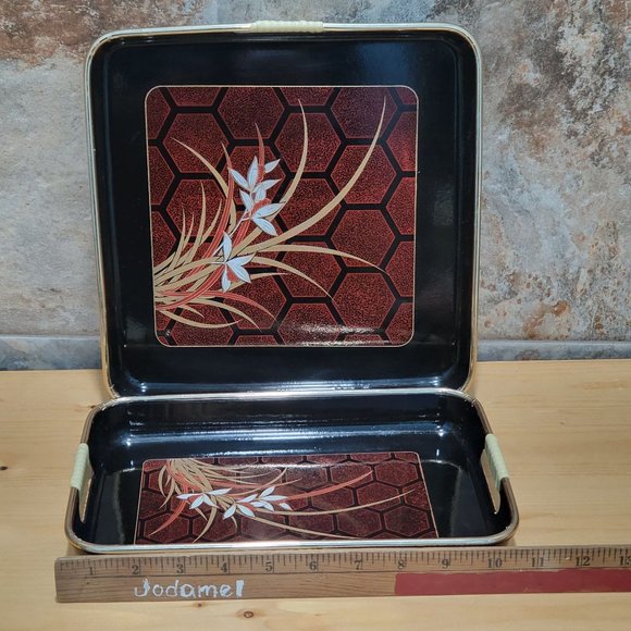 VTG Lacquer Beverage Serving Tray Barware Rectangular Square Black Enamel Floral - Picture 9 of 13